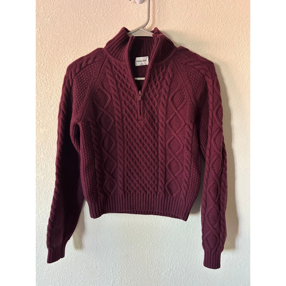 Sunday Best Burgundy Cable Knit Quarter Zip Wool Sweater XS